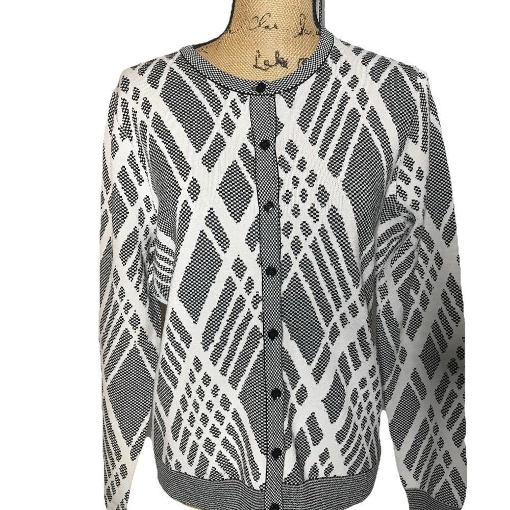 Ann Taylor Cardigan Sweater Womens Size Large Black White Viscose Blend Buttons